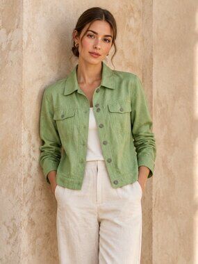 Amber Sun Collection Linen Blend Green Button Down Jacket Size Small